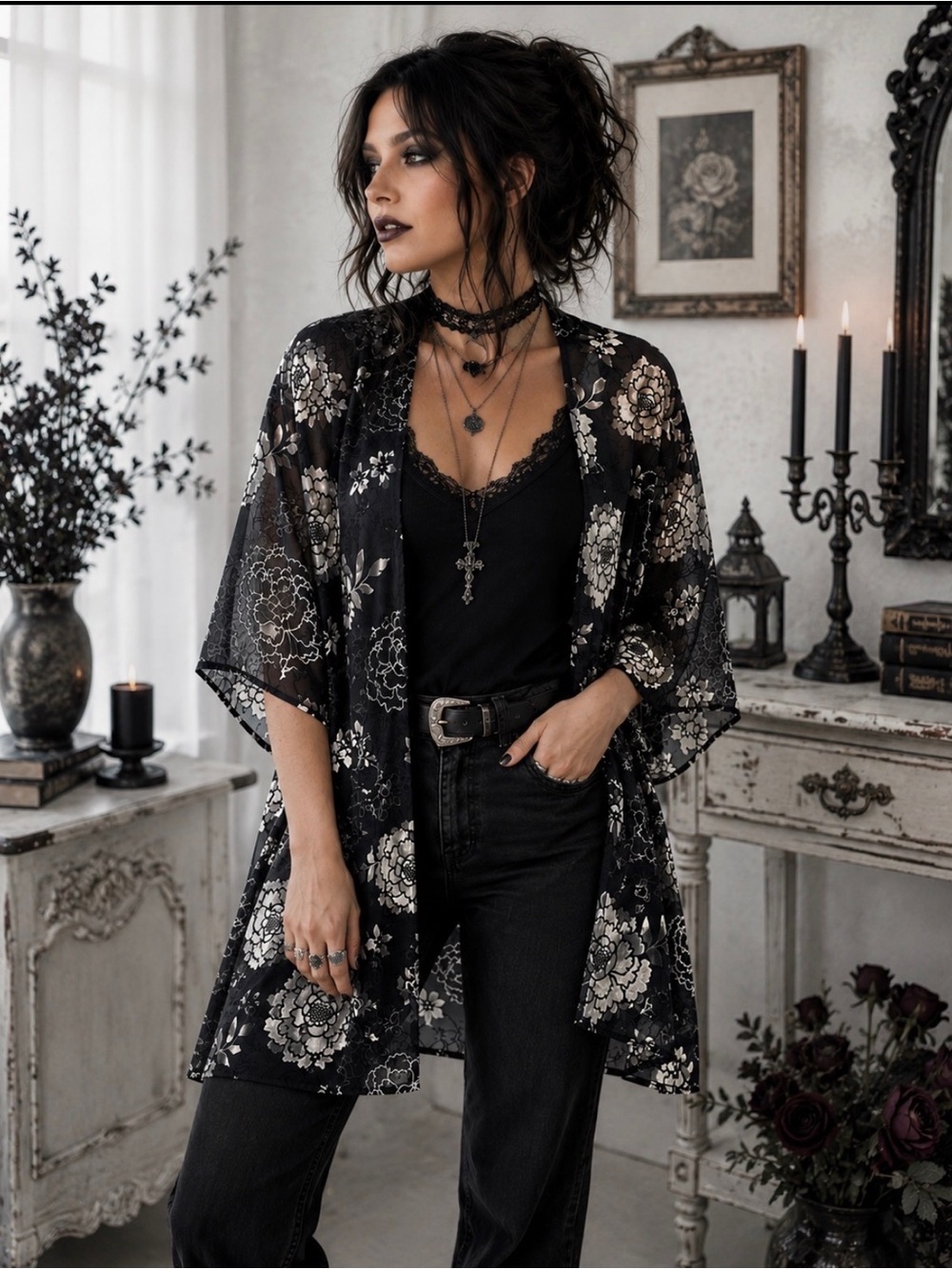 Draper’s & Damon’s Floral Kimono Wrap Jacket Black Ivory Sheer Gothic Chic L/XL